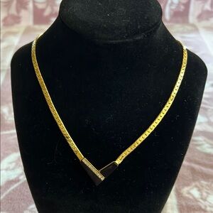 Vintage Gold V Necklace with Black Enamel & Rhinestones –statement piece